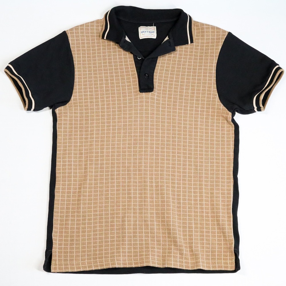 Ska & Soul Polo Shirt Mens Medium Black Tan Grid Check Retro Mod 60s Geometric